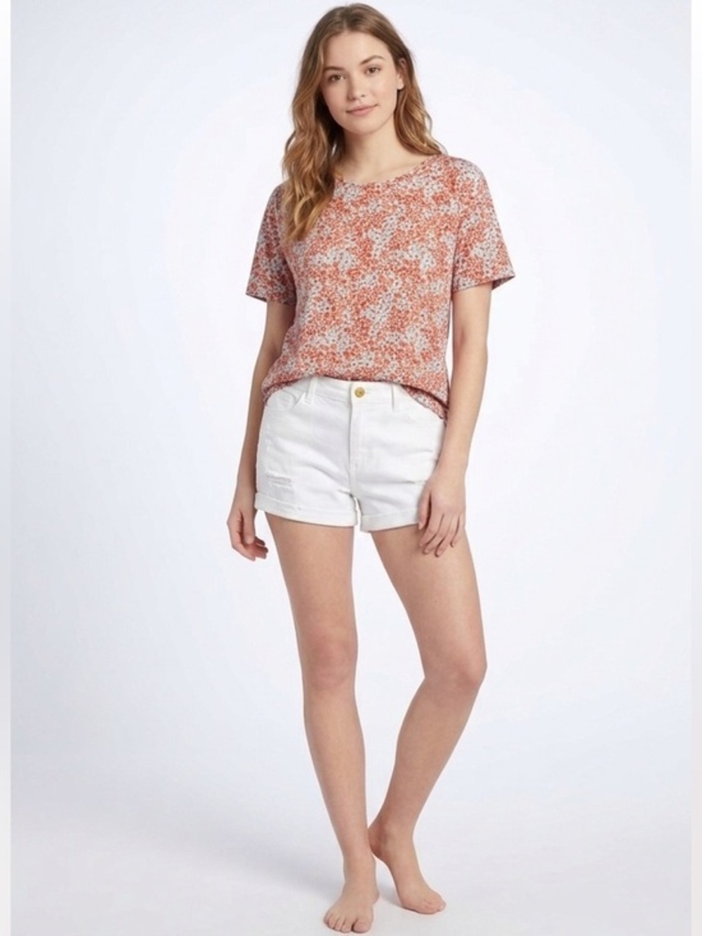H&M Red & Blue Floral Crewneck Blouse T-Shirt Size Small